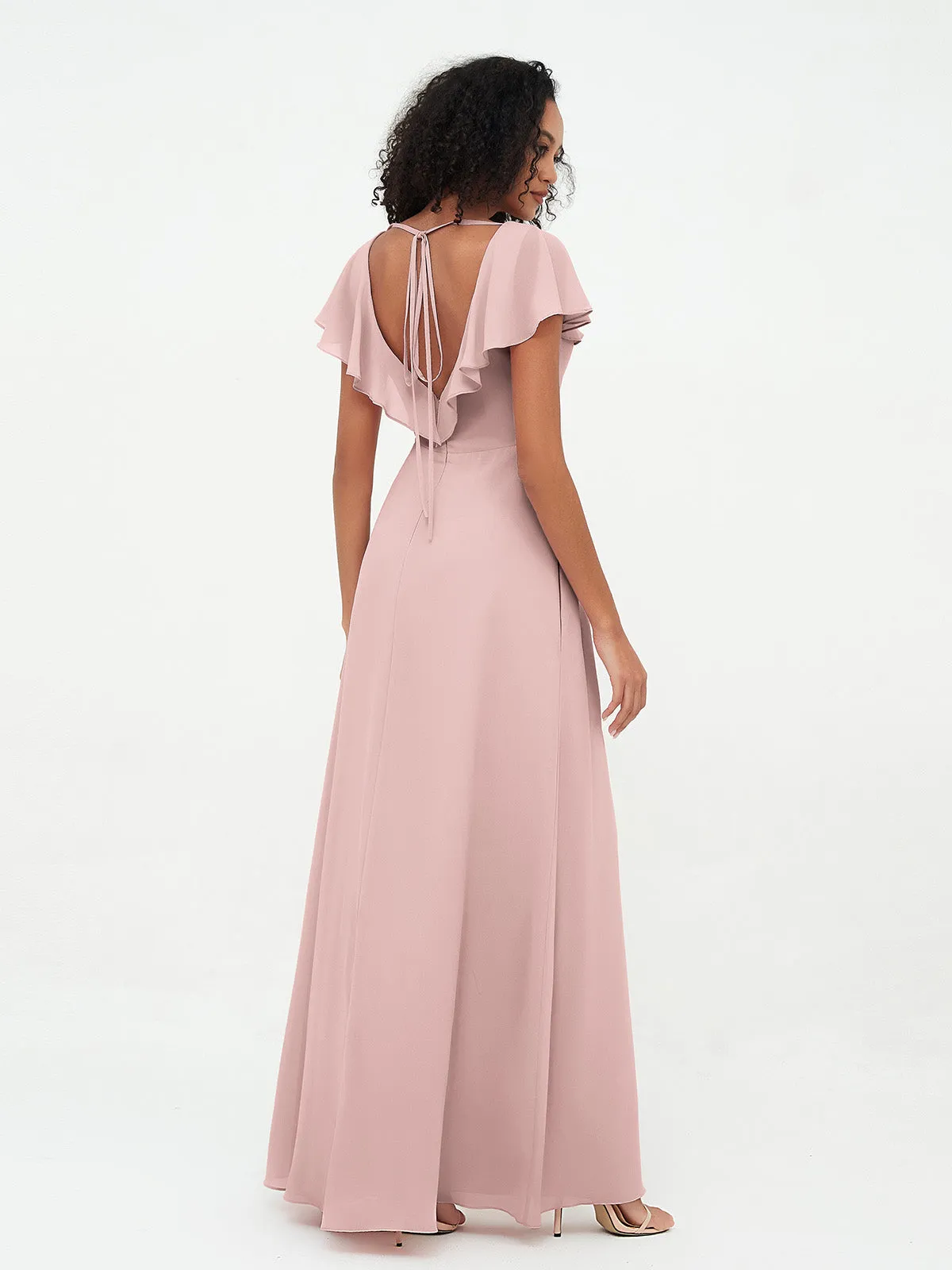 A-ligne Robes à Col en V en Mousseline avec Poches Rose Poudré Grande Taille
