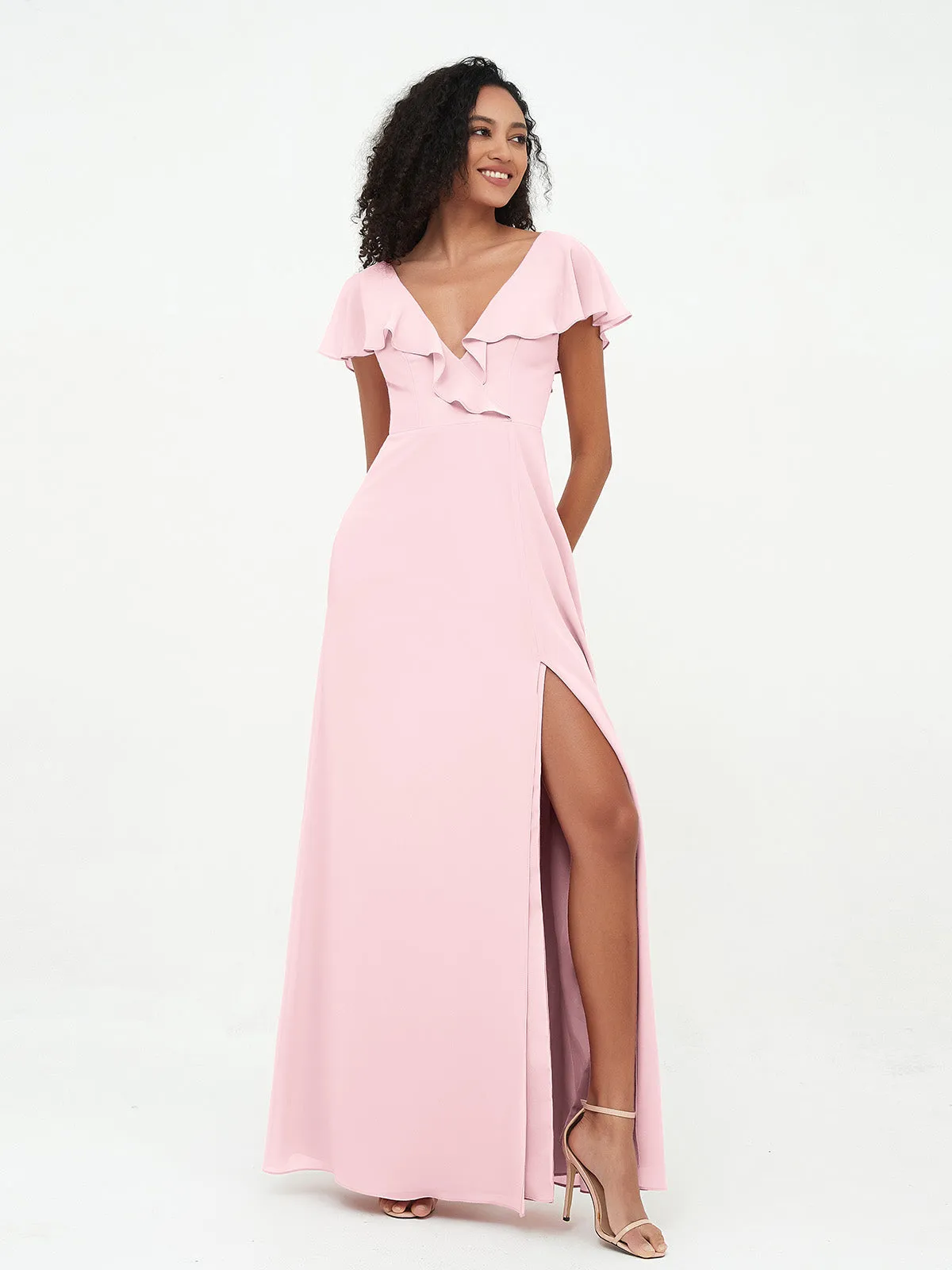 A-ligne Robes à Col en V en Mousseline avec Poches Rose Pâle