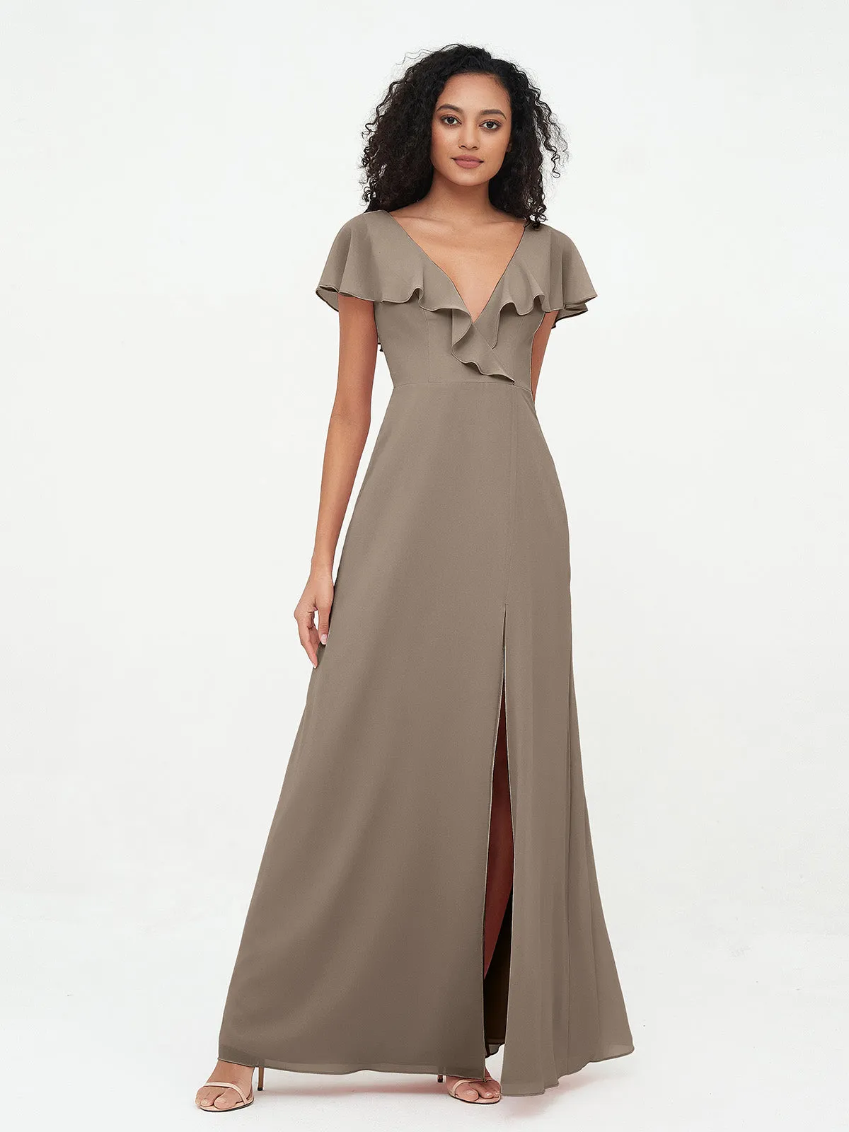 A-ligne Robes à Col en V en Mousseline avec Poches Taupe Grande Taille