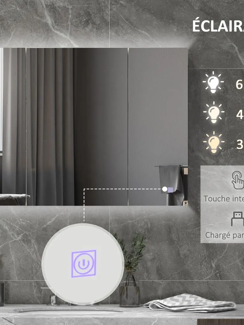 Armoire miroir LED de salle de bain - 3 portes, 3 étagères - blanc laqué - Blanc