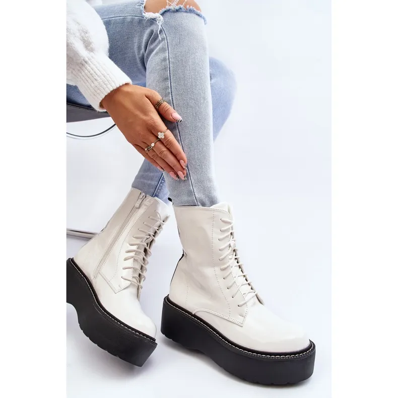 Bottines en cuir verni à semelle épaisse pour femme, blanches Movana