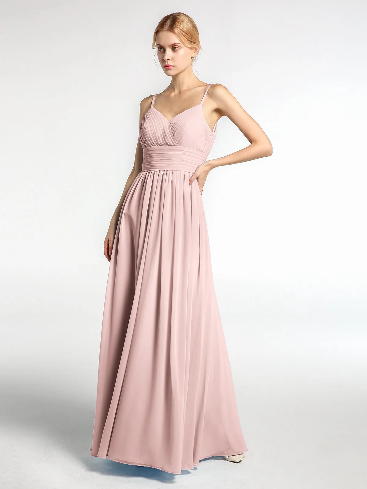 Bretelles Spaghetti Mousseline Maxi Robes Rose Poudré