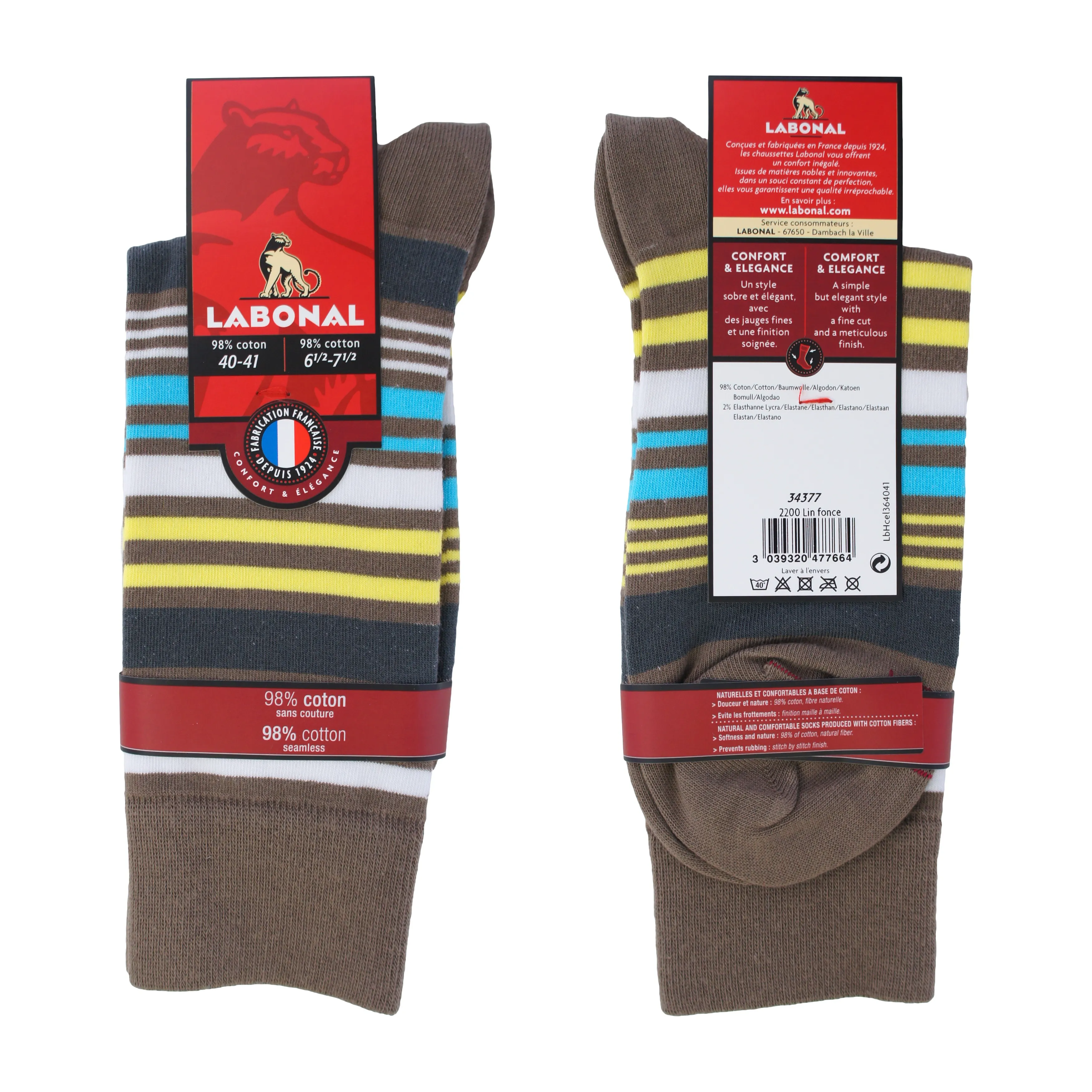 Chaussettes Rayures colorées Lin foncé - Labonal : vente chaussette...