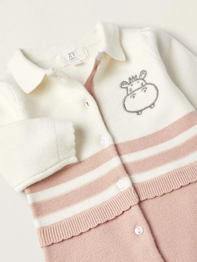 Combinaison en maille avec pieds pour nouveau-né 'Hippopotame' manches longues EARLY BLOOM - Rose clair