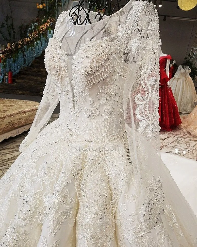 Dos Nu Décolleté Transparente Blanche Boule Dentelle Maternité Luxe Robes De Mariée Élégant Longue Manche Longue
