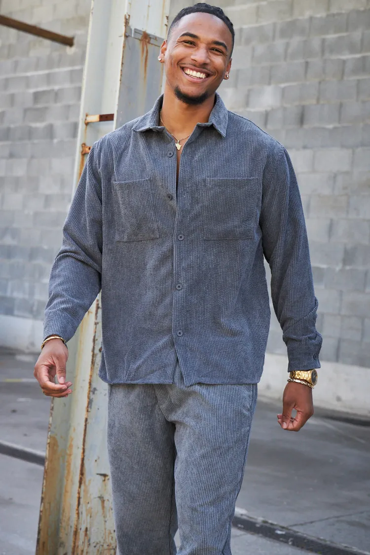 Ensemble 2 pièces chemise + pantalon en velours côtelé gris foncé
