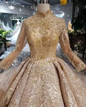 Luxe Glitter Col Haut Robe De Mariée Boule Dentelle Manche Longue Longue Scintillante Dorée