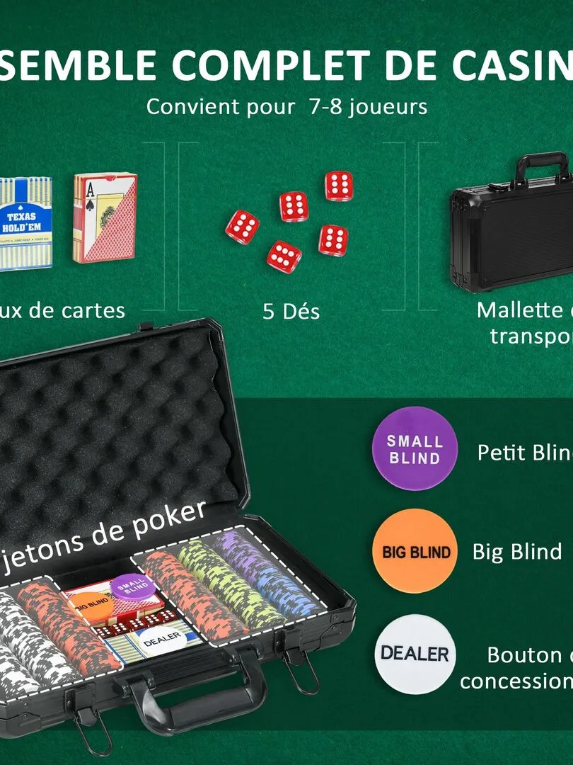 Mallette pro de poker coffret pro poker 300 jetons 2 jeux cartes 5 dés 3 boutons aluminium noir - N/A