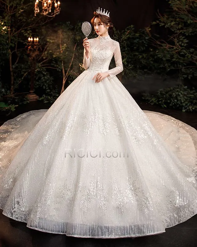 Manche Longue Dos Nu Luxe Brillante Ivoire Paillette Belle Robe De Mariée Avec La Queue Col Haut Perlage