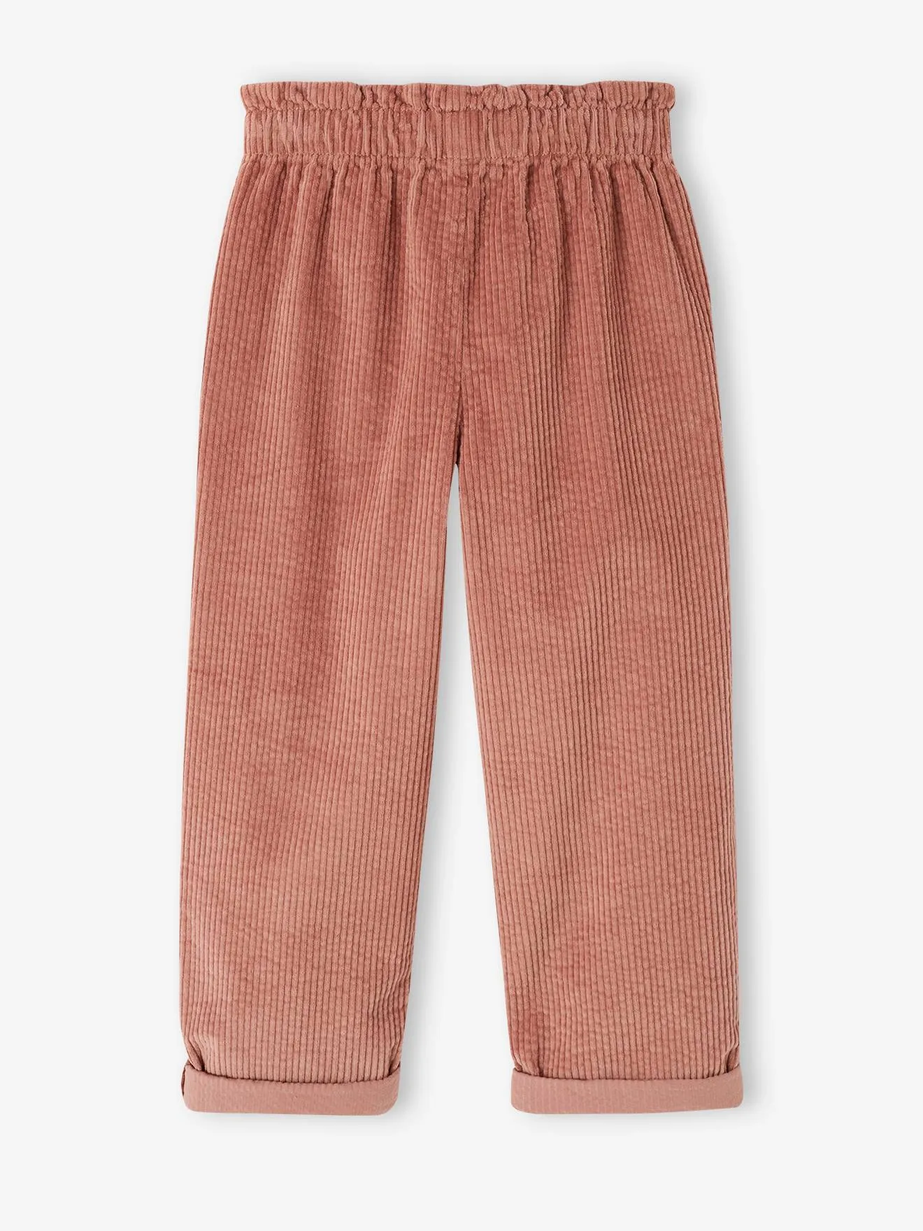 Pantalon paperbag en velours côtelé fille bois de rose - Vertbaudet
