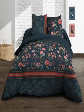 Parure Drap plat + drap-housse 160x200 + 2 T - Pur coton 57 fils - India - Bleu
