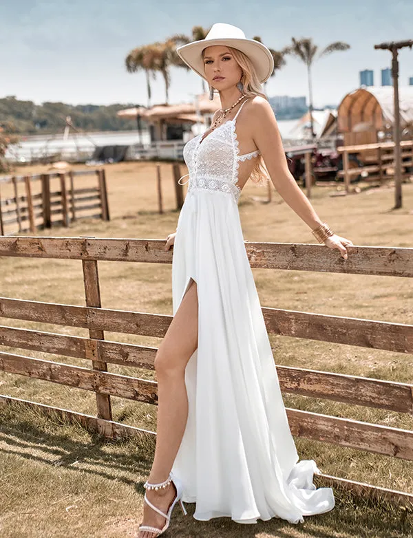 Robe de mariage boho à bretelles spaghetti en dentelle sans dos avec fente