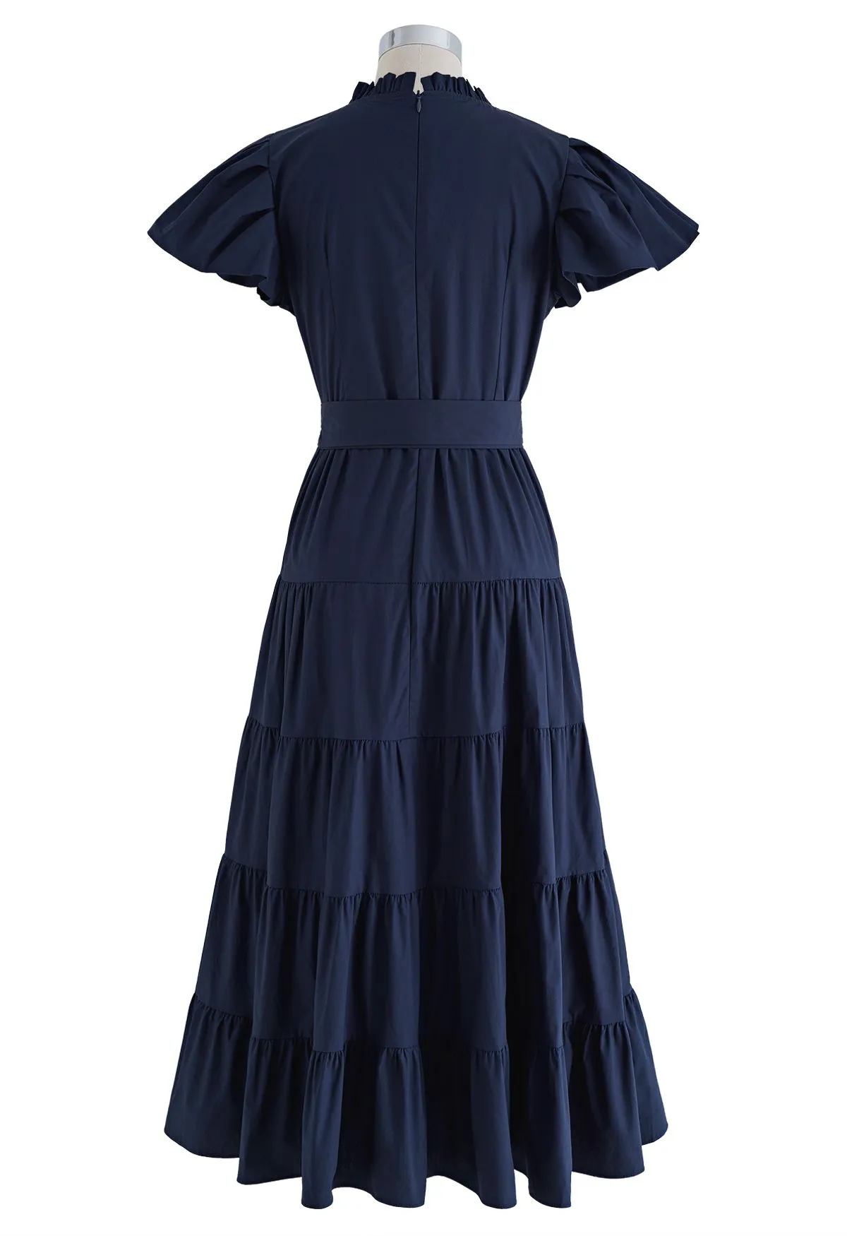 Robe en coton à volants et manches flottantes à encolure en V en bleu marine