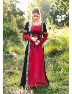 Robe médiévale Leonor en rouge-noir avec capuche ⚔️ Boutique Épées