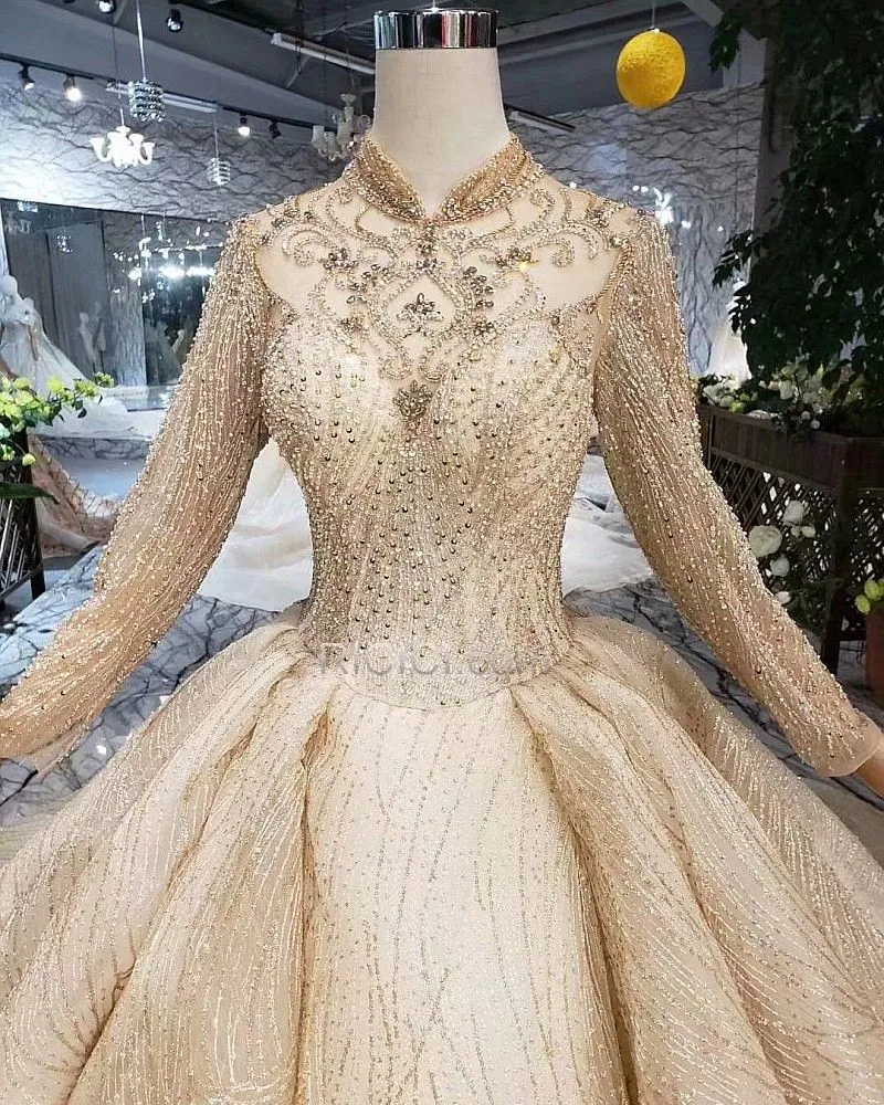 Robes De Mariée Scintillante Col Haut Boule Paillette Dos Nu Dorée Manche Longue Glitter Luxe