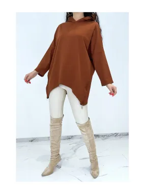 Sweat cognac à capuche style asymétrique et loose avec fermeture sur le côté