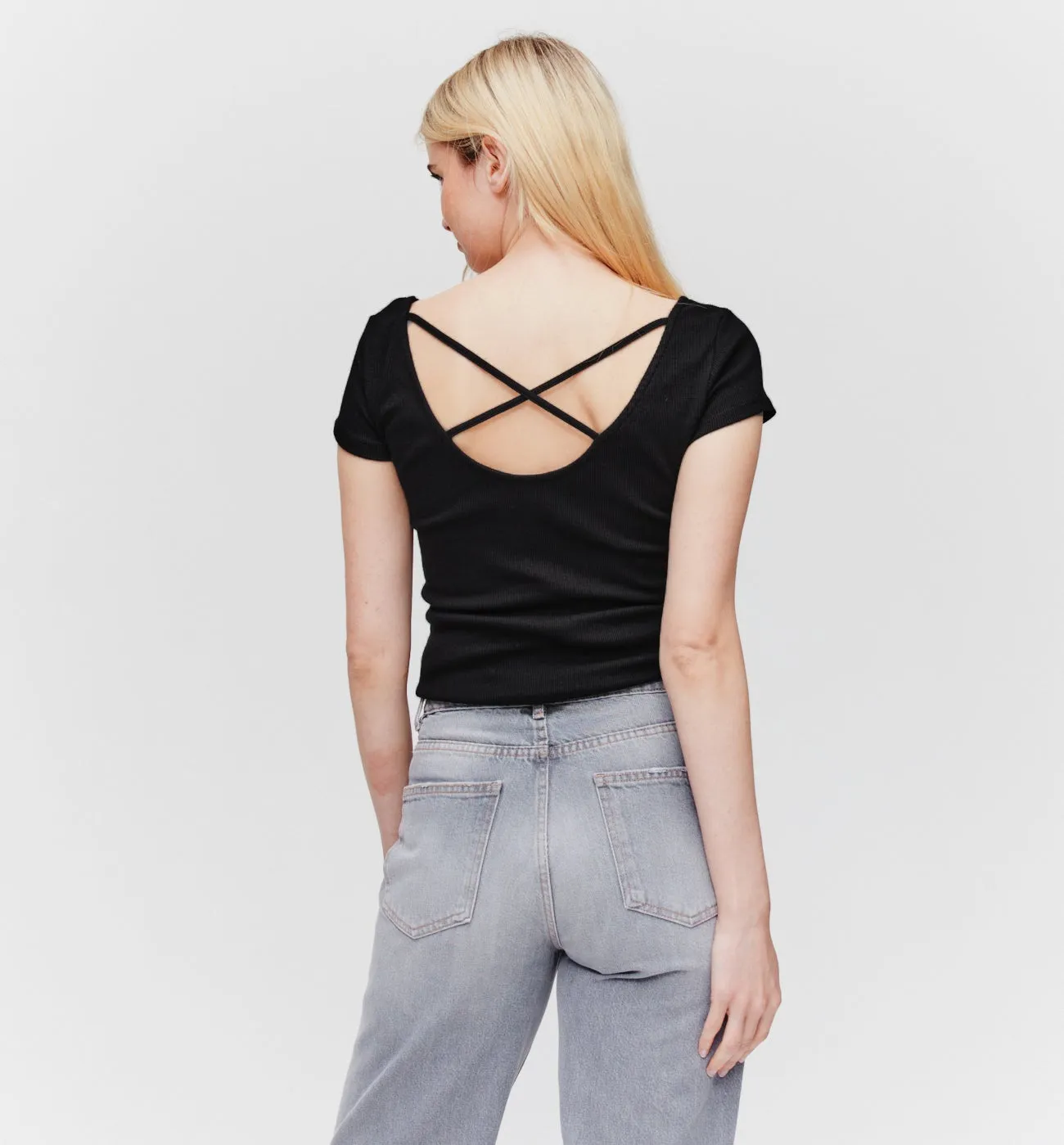 T-shirt en jersey côtelé Femme - Noir